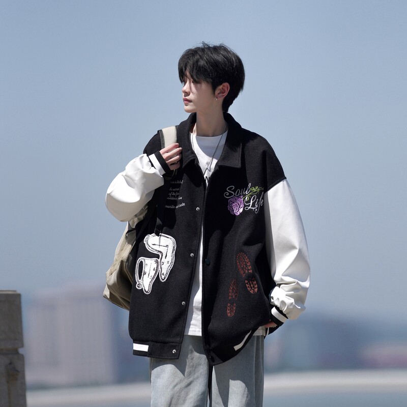 相机片秋冬原创大码宽松港风翻领棒球服夹克外套男J831P88控128,男装夹克,电商A029