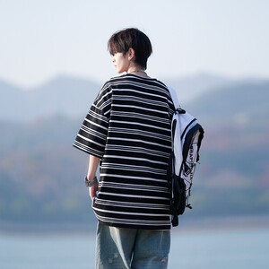 撞色夏新款港风相机片大码短袖T恤条纹T恤男T531 P48 控68图片