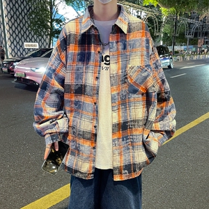 港风大码宽松印花风格格子长袖衬衫衬衣男C620 P55 控78图片