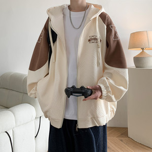 秋冬港风大码撞色绣花大码宽松拼接卫衣时尚外套男 V912 P70 控98，女装短外套，电商A029