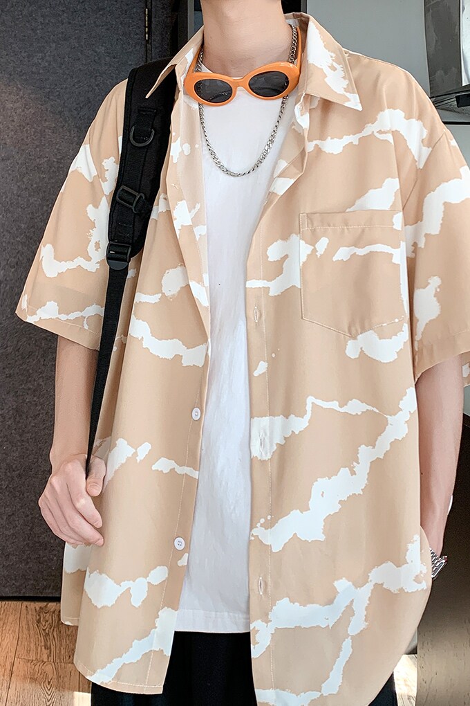 酒店风夏二开冰丝港风大码复古短袖花衬衫花衬衣男C660P40控58,男装衬衫,电商A029