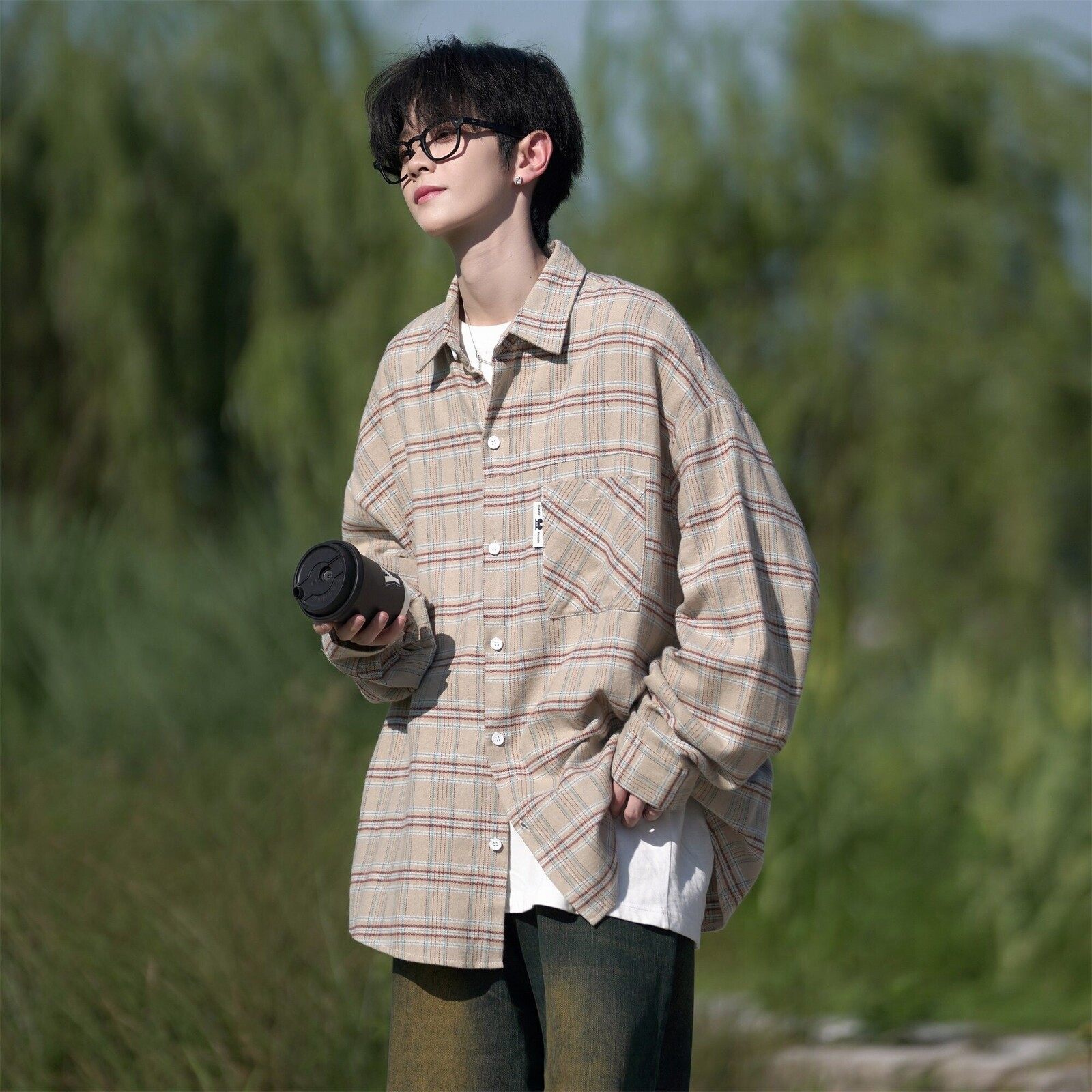 相机片港风大码格子长袖衬衫衬衣男C619P58控78成分棉100，男装衬衫，电商A029