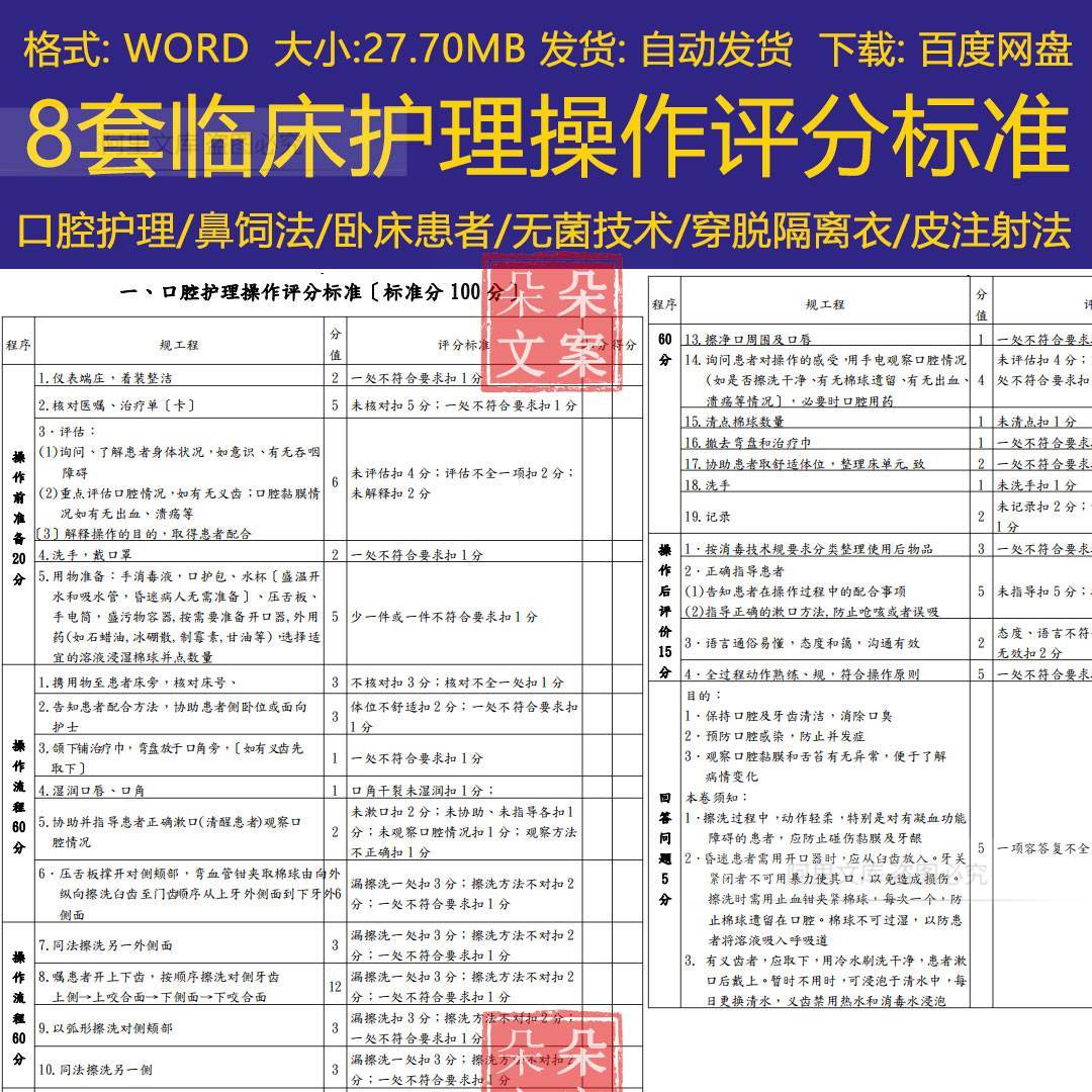 口腔护理鼻饲无菌技术操作法洗手法穿隔离衣临床护理操作评分标准