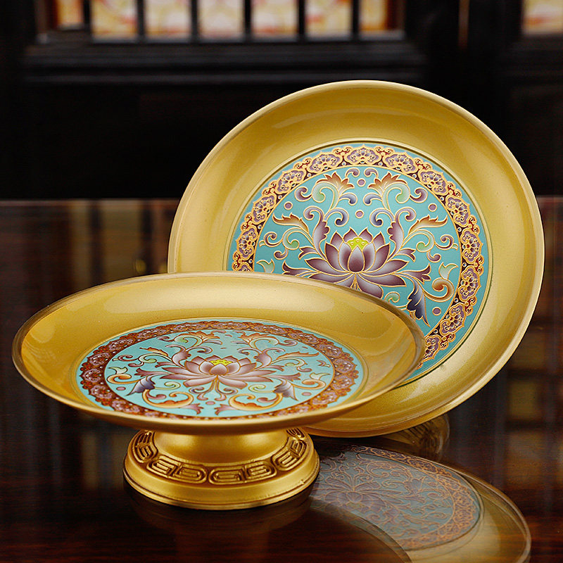 纯铜家用供奉果盘 珐琅彩莲花上贡盘 佛堂上供果盘