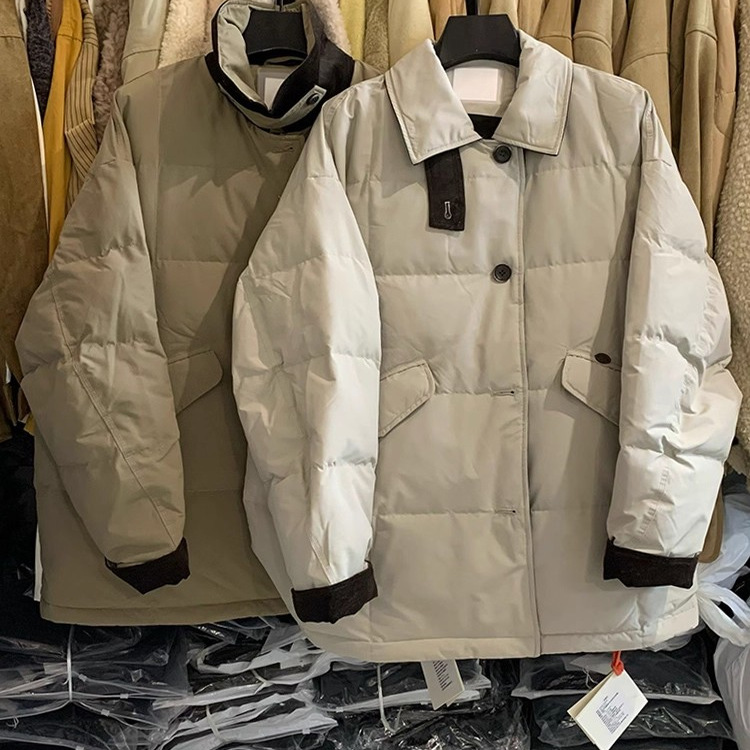 复古灯芯绒翻领中长款羽绒服外套