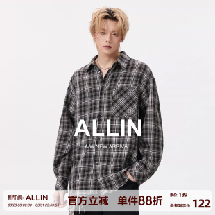 衬衫 复古格子长袖 男春秋休闲百搭通勤衬衣宽松慵懒外套 美式 ALLIN