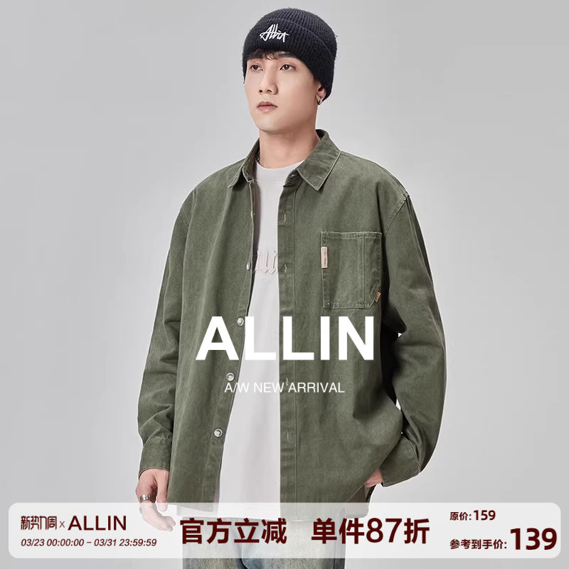 ALLIN 美式工装衬衫男春秋长袖休闲翻领衬衣复古潮牌潮流男士外