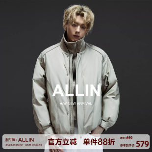 外套 高领毛衣拼接夹克情侣短款 ALLIN 假两件棒球领羽绒服男秋冬季