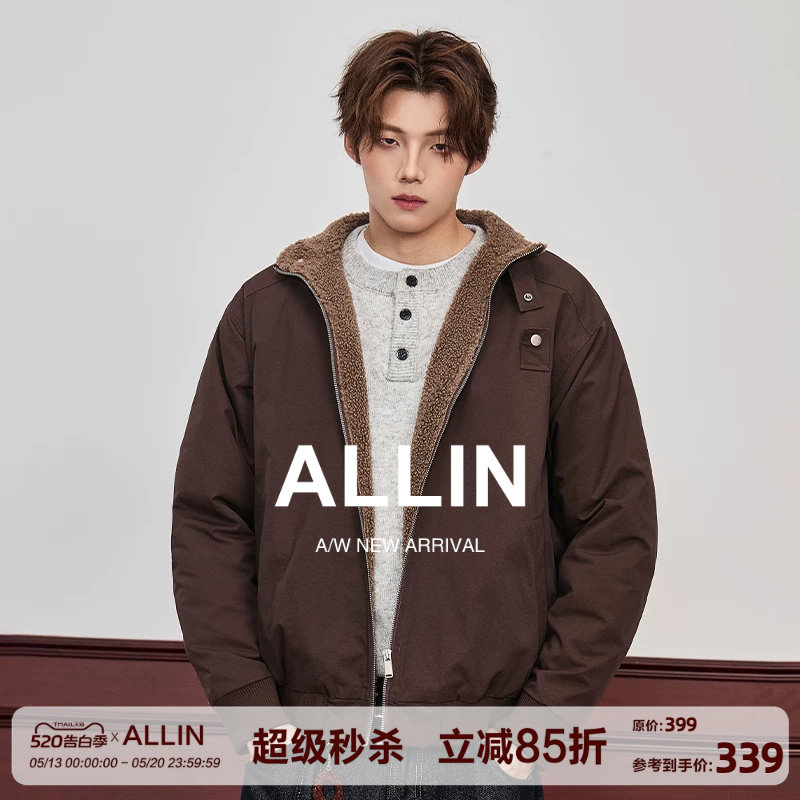 ALLIN 短款飞行员毛领夹克男生秋冬加绒加厚保暖廓形情侣休闲外
