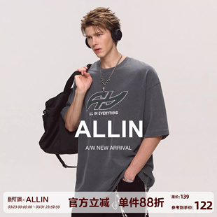 潮牌印花情侣半袖 ALLIN 美式 t恤男夏季 圆领宽松上衣 纯棉重磅短袖