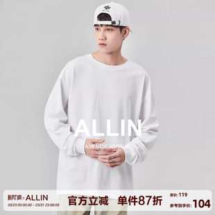 宽松百搭圆领情侣上衣 t恤男生春秋潮牌纯棉打底衫 ALLIN 白色长袖