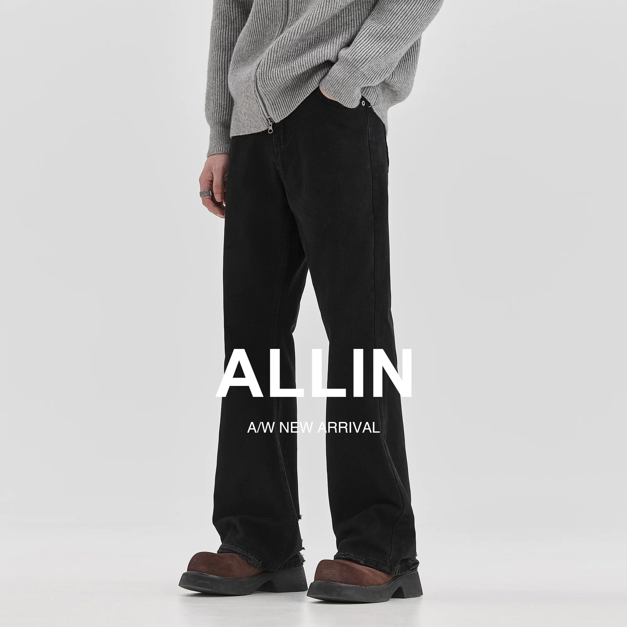 ALLIN 黑色微喇牛仔裤男夏季美式潮牌垂感直筒喇叭裤脚破洞长裤子