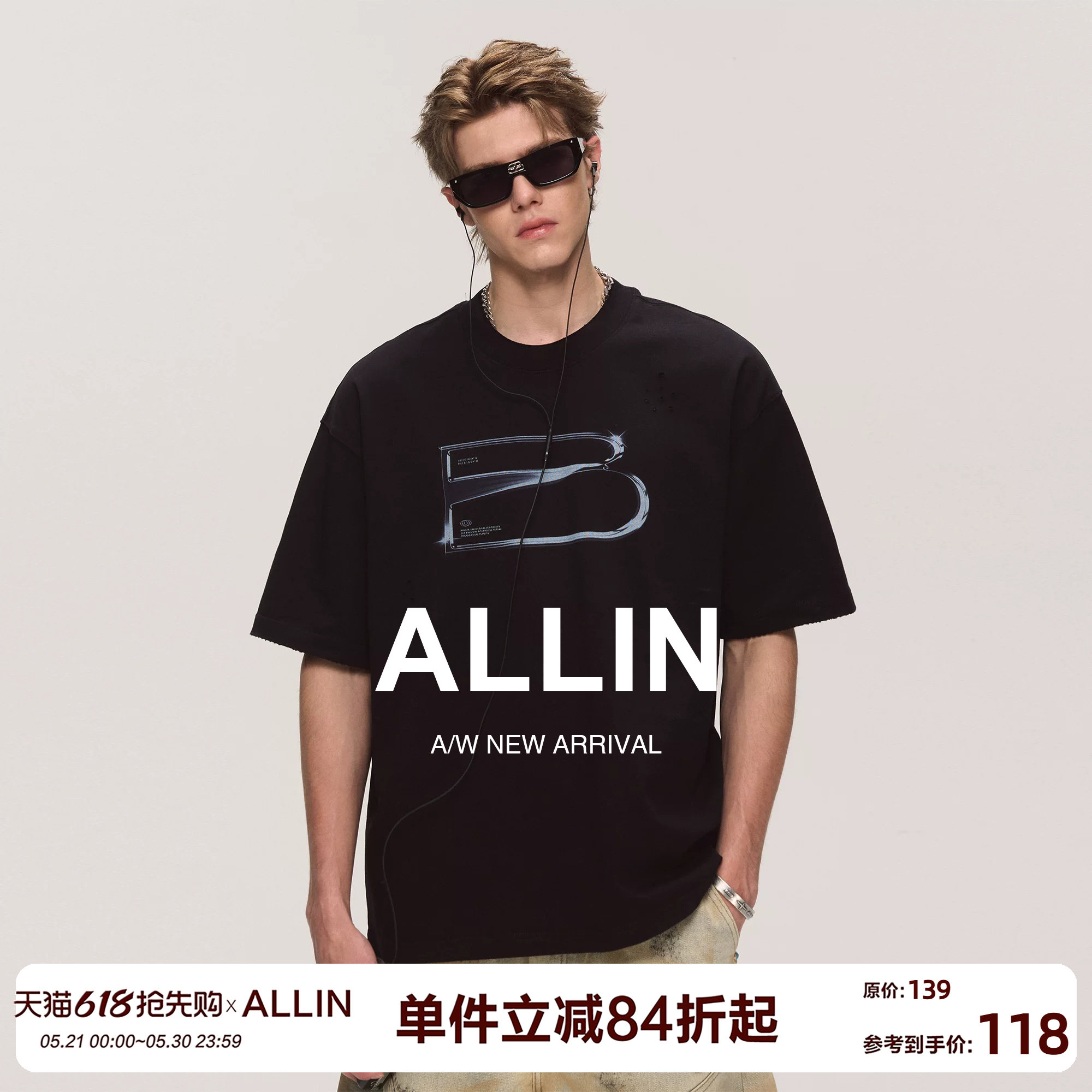 ALLIN 黑色字母印花短袖t恤男2026夏季新款重磅情侣半袖潮