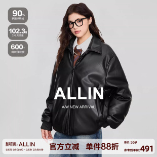 ALLIN 黑色cleanfit翻领PU皮衣羽绒服女冬季保暖情侣机车夹克外套