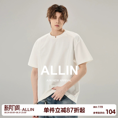 ALLIN 白色曼巴棉短袖T恤男生夏季260g重磅小V领设计情侣潮牌上衣
