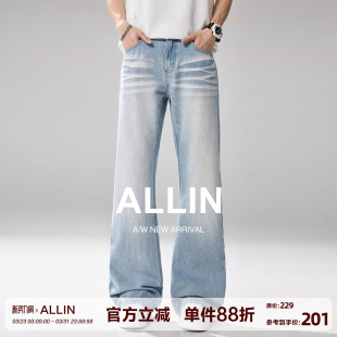 子 男春秋潮牌水洗阔腿拖地裤 ALLIN cleanfit复古浅蓝色微喇牛仔裤