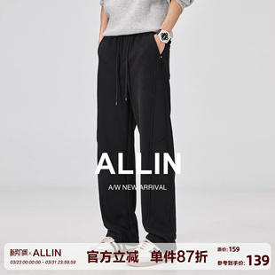 子垂感加绒加厚卫裤 男秋冬潮牌宽松微喇长裤 黑色弯刀休闲裤 ALLIN