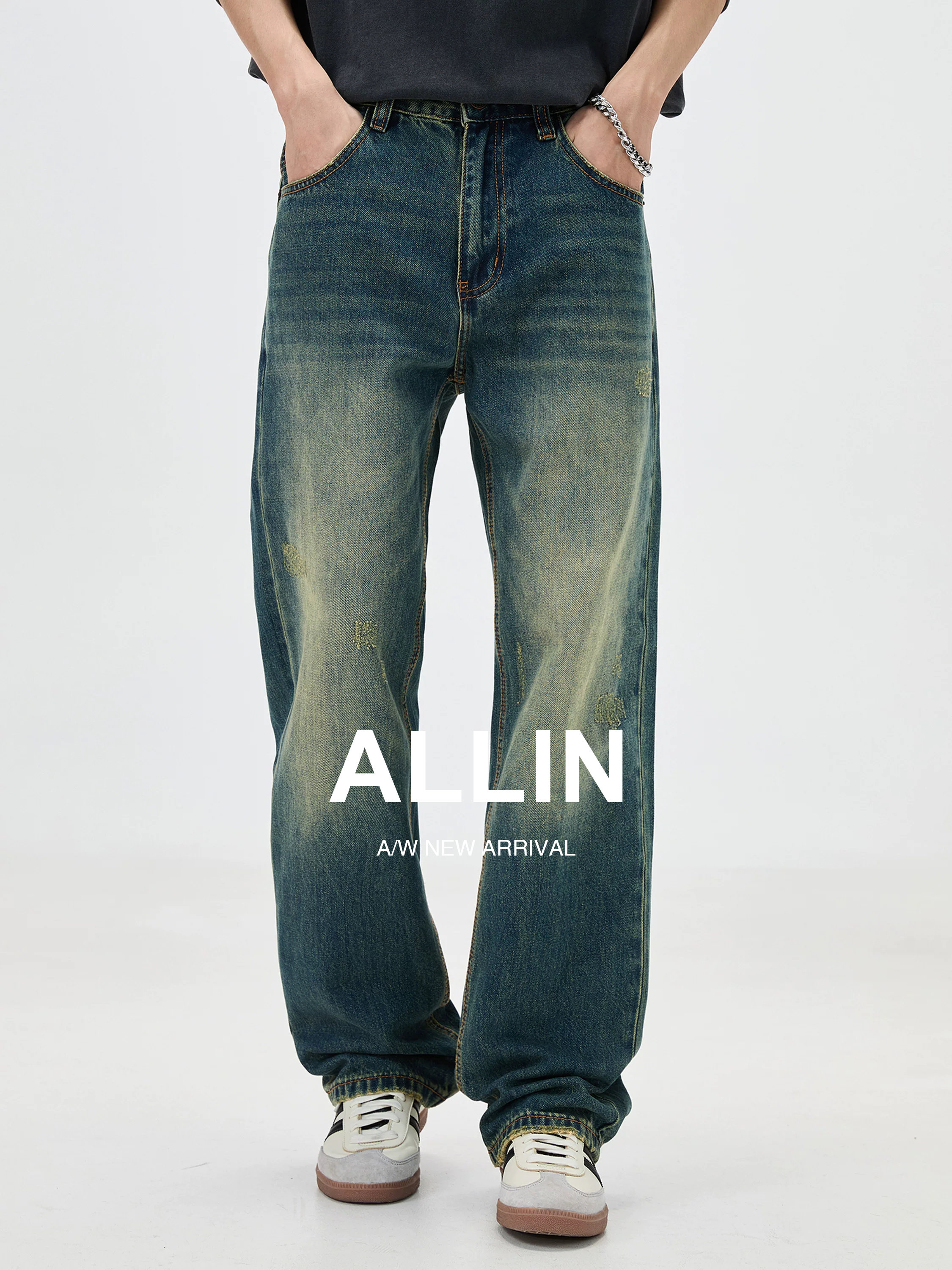 ALLIN 美式高街水洗cleanfit牛仔裤男夏季阔腿宽松直筒微喇长裤子