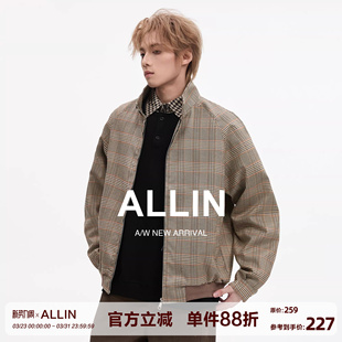 ALLIN 通勤情侣外套 千鸟格纹哈灵顿夹克男春秋老钱风休闲立领短款