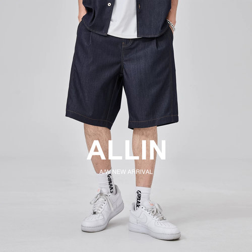 ALLIN 复古牛仔短裤男夏季薄款裤子宽松潮牌休闲直筒五分中裤外穿