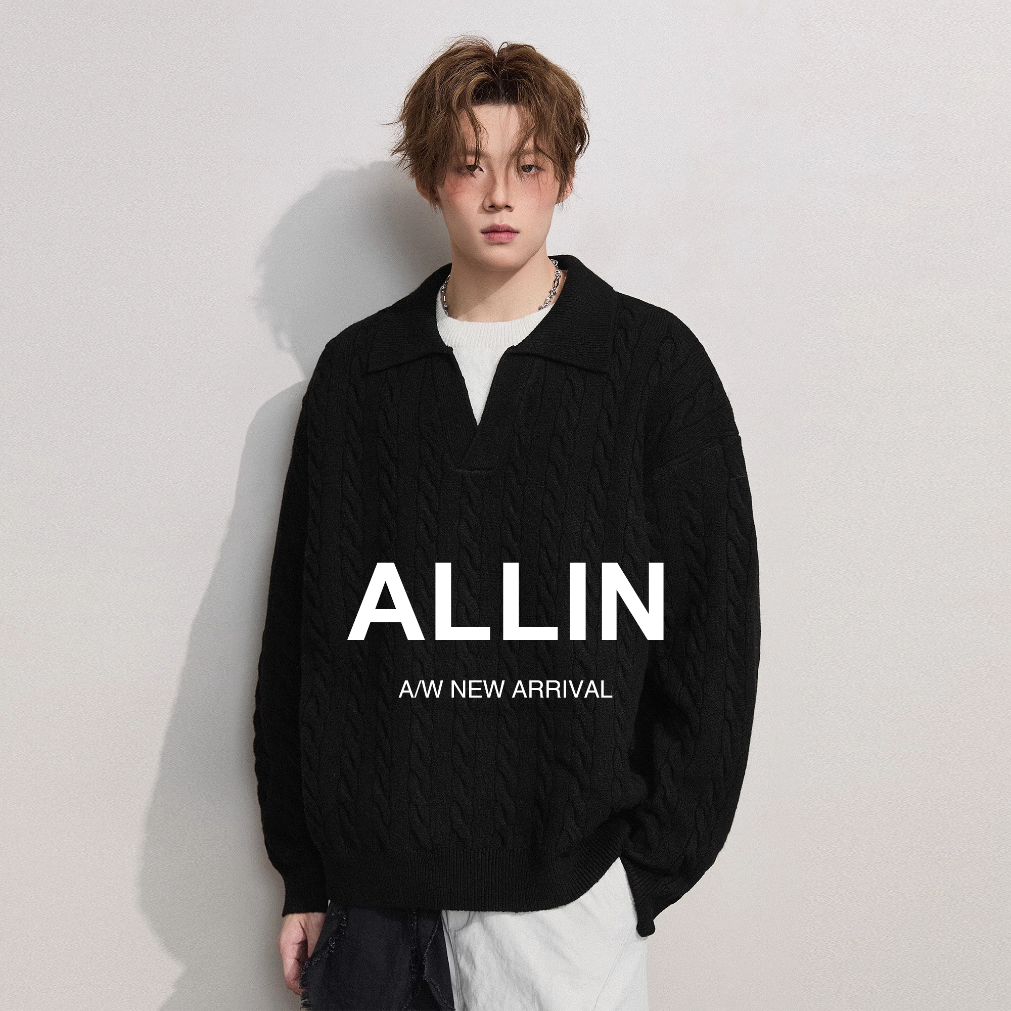 ALLIN 假两件黑色毛衣男秋冬季情侣慵懒麻花翻领含羊毛针织衫外套
