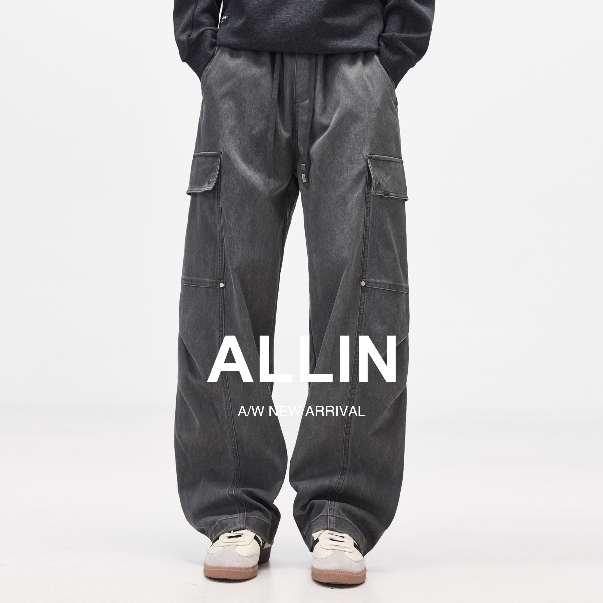 ALLIN 美式复古弯刀工装裤男生秋季褶皱直筒伐木宽松阔腿休闲裤子