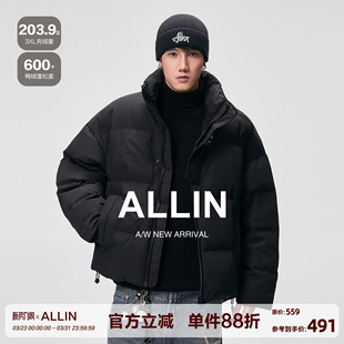 字母刺绣外套 加厚保暖面包服情侣短款 ALLIN 黑色立领羽绒服男冬季