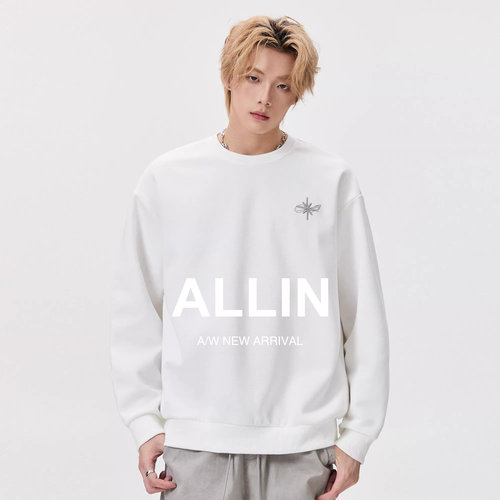 ALLIN 白色刺绣重磅卫衣男春秋季落肩袖宽松百搭内搭休闲情侣上衣