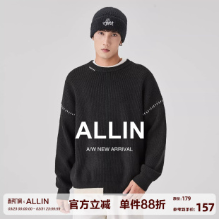 宽松百搭加厚保暖打底衫 圆领拼色针织衫 黑色毛衣男春秋美式 ALLIN