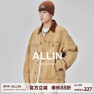 夹克 复古牛仔外套男春秋高街潮牌休闲宽松百搭翻领工装 ALLIN 美式