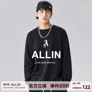 t恤男生潮牌简约高街打底衫 长袖 宽松百搭圆领黑色上衣 美式 ALLIN