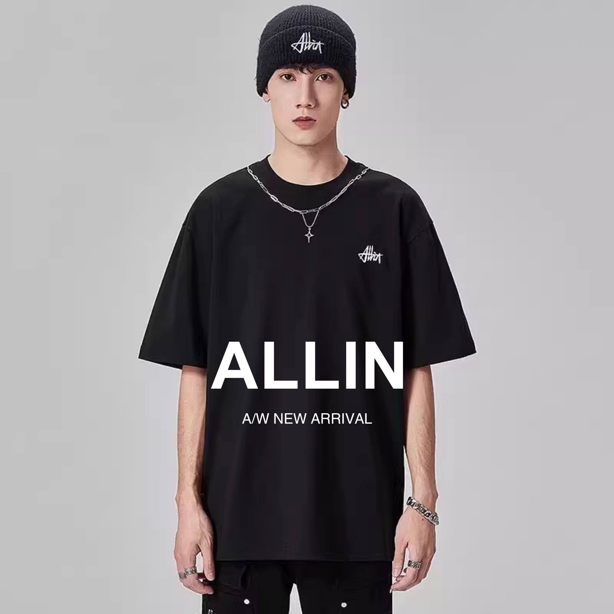 ALLIN 纯棉黑色短袖t恤男夏季重磅字母刺绣项链装饰重磅半袖上