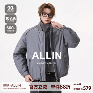 毛衣拼接外套休闲棒球服夹克 针织衫 ALLIN 假两件高领羽绒服男冬季