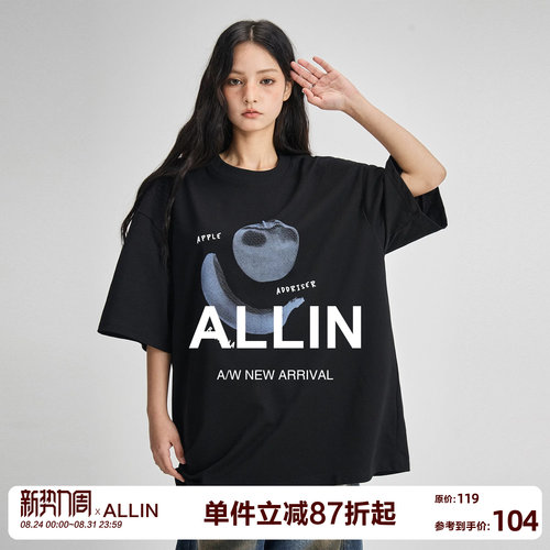 ALLIN 黑色短袖t恤男女同款夏季纯棉重磅潮牌印花半袖情侣装上衣