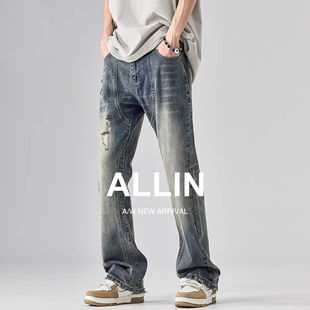 美式 休闲vibe裤 破洞牛仔裤 做旧直筒裤 子 男秋冬高街潮牌修身 ALLIN