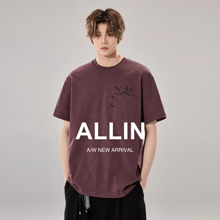 ALLIN 竹节棉刺绣短袖T恤男生夏季情侣潮牌cleanfit纯棉重磅上衣