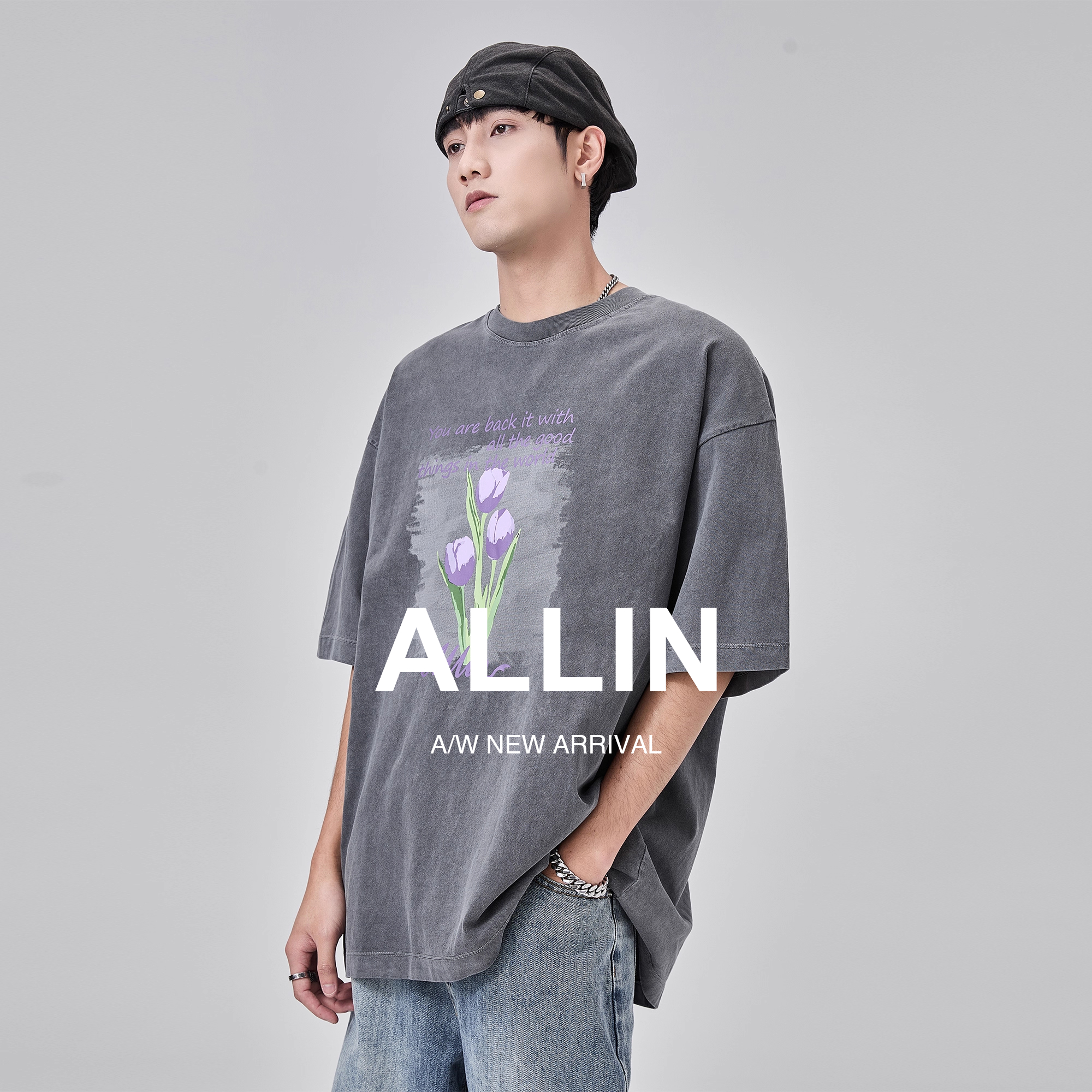 ALLIN 纯棉重磅短袖t恤男夏季郁金香字母印花水洗情侣装半袖上衣