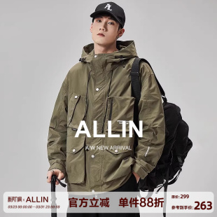 外套 潮牌多口袋防风防水登山服工装 ALLIN 连帽休闲夹克男春秋美式