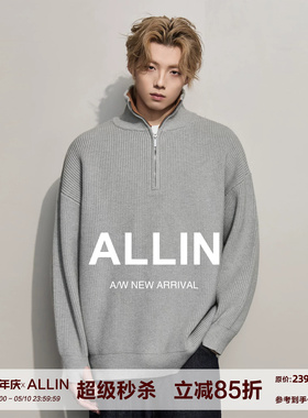 ALLIN 半拉链高领针织衫男春秋季灰色通勤慵懒风毛衣情侣休闲外套