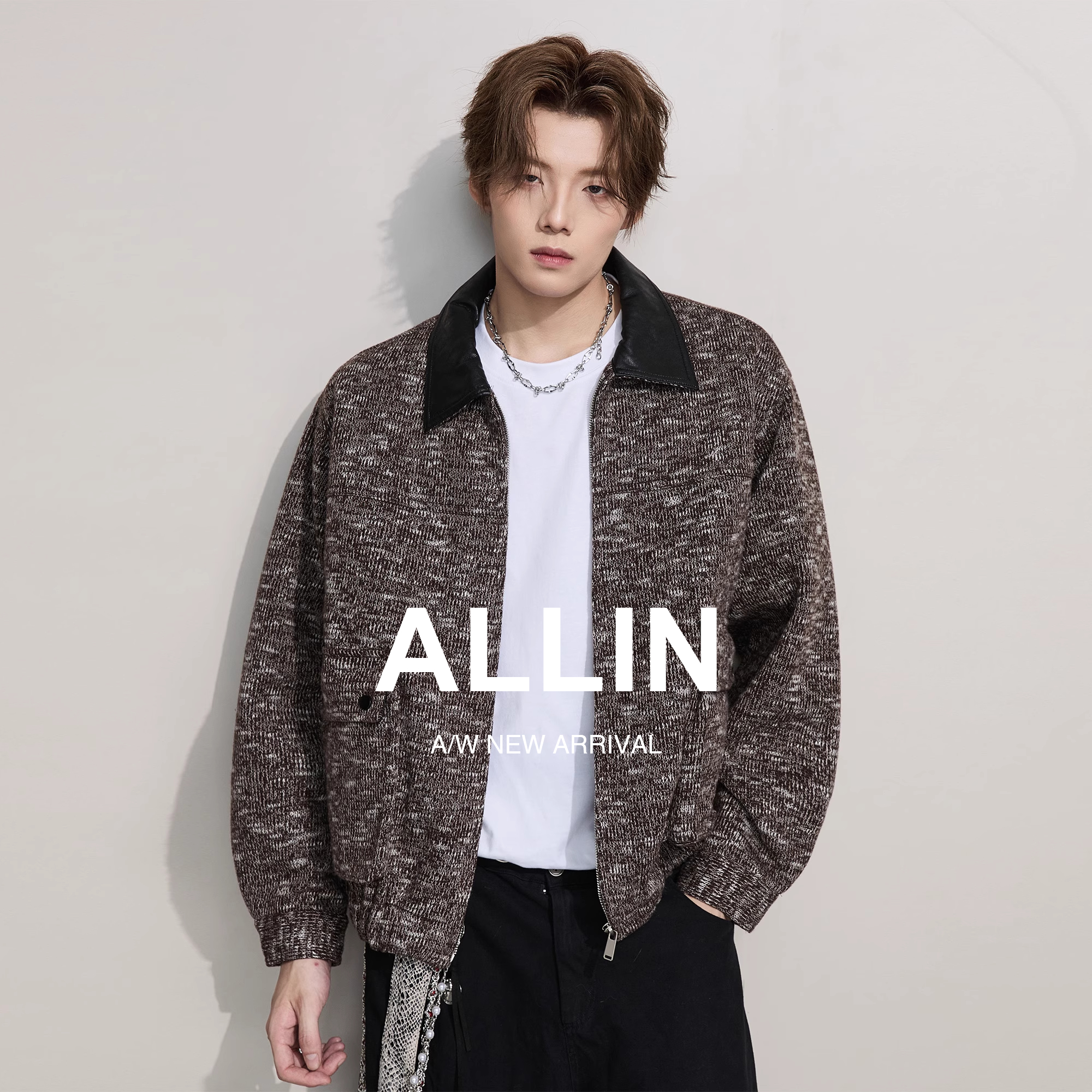 ALLIN cleanfit针织呢子外套男秋季潮牌PU皮异色翻领拼接情侣夹克