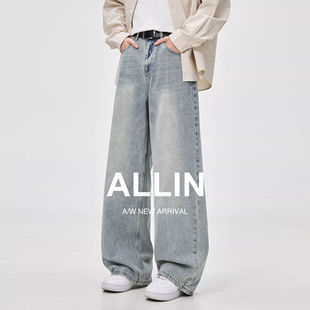 宽松阔腿休闲弯刀长裤 男秋冬美式 子 复古水洗蓝色直筒牛仔裤 ALLIN
