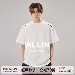 情侣白色体恤潮牌宽松上衣 T恤男夏季 ALLIN 格纹镂空拼接解构短袖