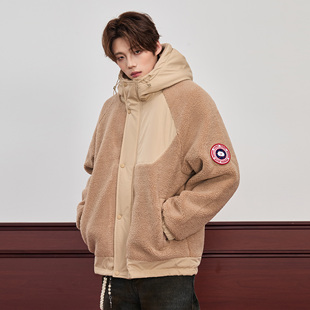 ALLIN 连帽羊羔毛外套男生秋冬季潮牌颗粒绒拼接加厚棉衣情侣夹克