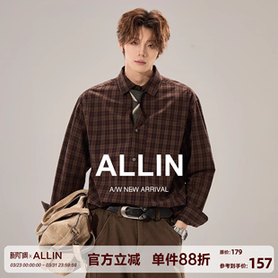 男春秋季 衬衫 慵懒松弛高级感通勤格纹上衣 纯棉复古格子长袖 ALLIN