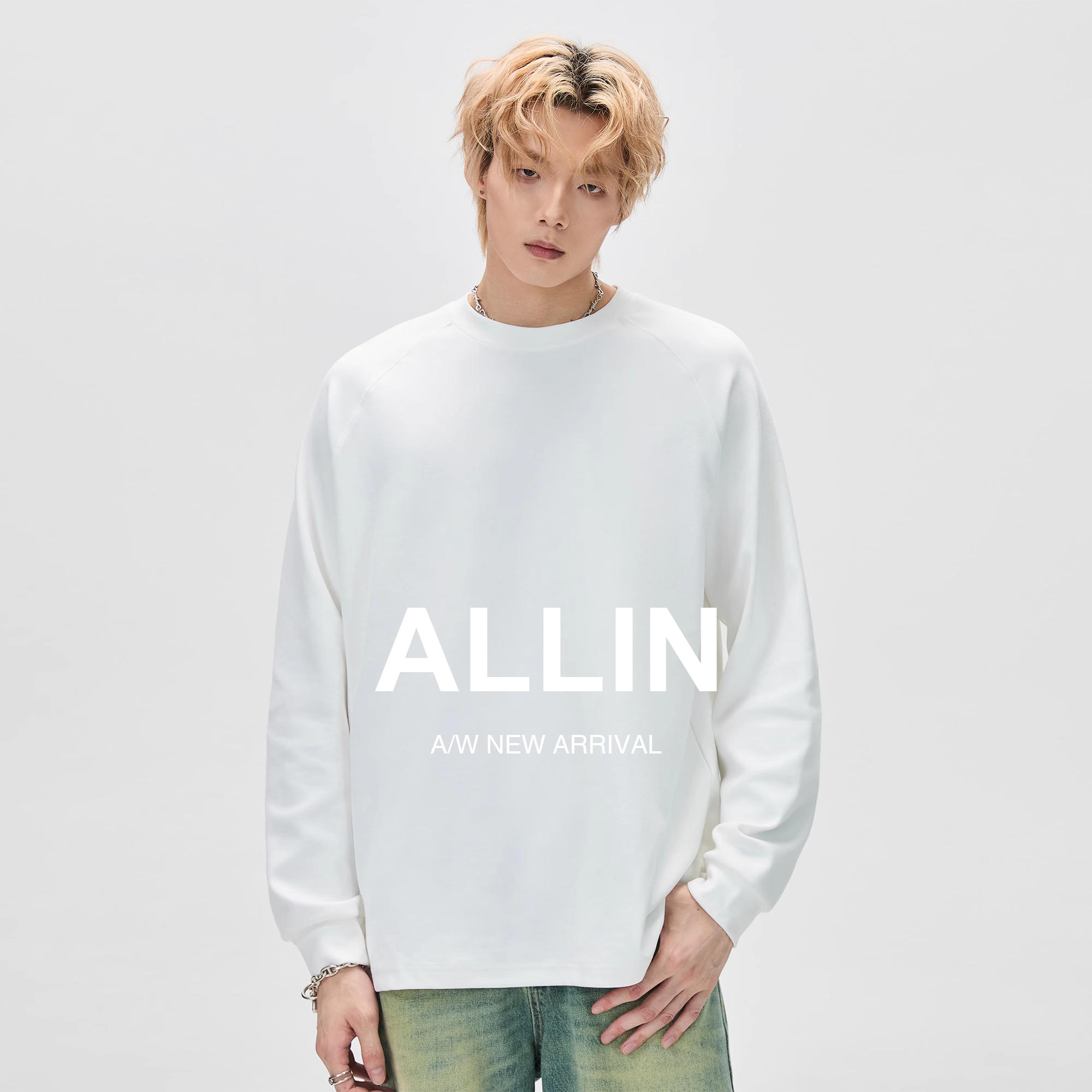 ALLIN 白色重磅长袖t恤男女2025秋冬新款圆领百搭宽松打底衫上衣