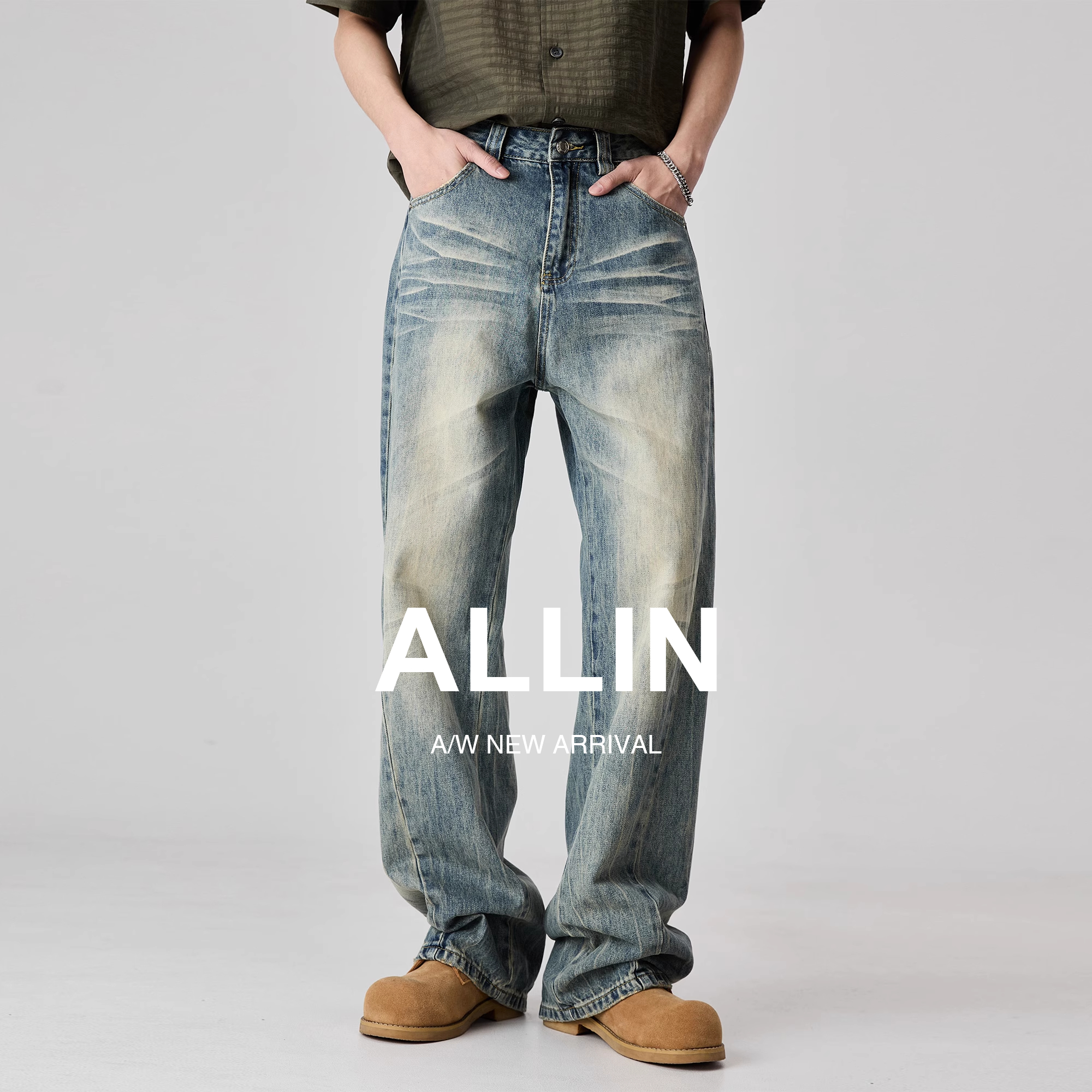 ALLIN 美式高街水洗复古蓝牛仔裤男夏季宽松做旧直筒阔腿拖地裤子