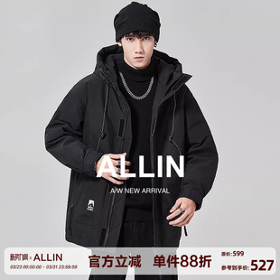 冬季 羽绒服男款 加厚保暖防风潮牌休闲连帽夹克外套 黑色工装 ALLIN