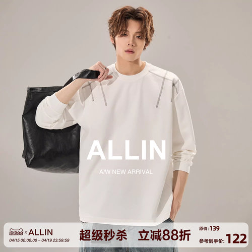 ALLIN 白色辑明线长袖T恤男春秋圆领套头百搭打底衫情侣潮牌上衣