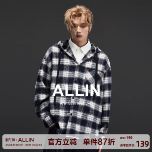 男春秋潮牌复古衬衣高街休闲百搭情侣外套 衬衫 ALLIN 连帽格子长袖