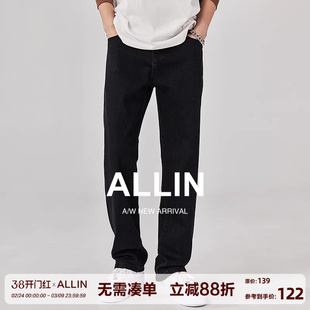 ALLIN 美式高街裤子男款vibe黑色牛仔裤休闲修身直筒窄版微喇长裤